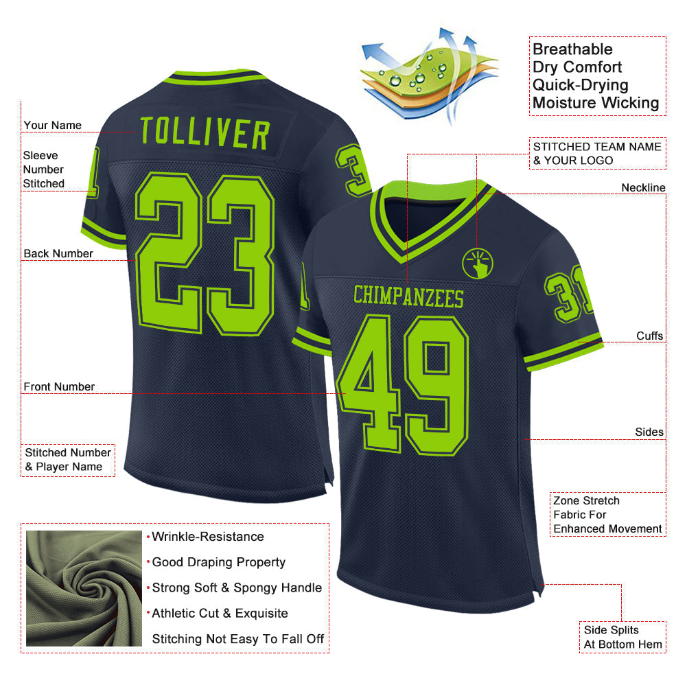 Custom Navy Neon Green Mesh Authentic Throwback Football Jersey - Sky-Custom