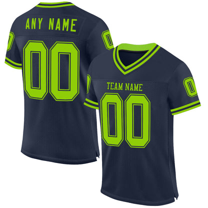 Custom Navy Neon Green Mesh Authentic Throwback Football Jersey - Sky-Custom