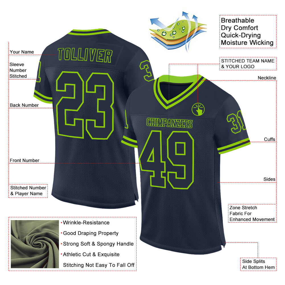 Custom Navy Neon Green Mesh Authentic Throwback Football Jersey - Sky-Custom