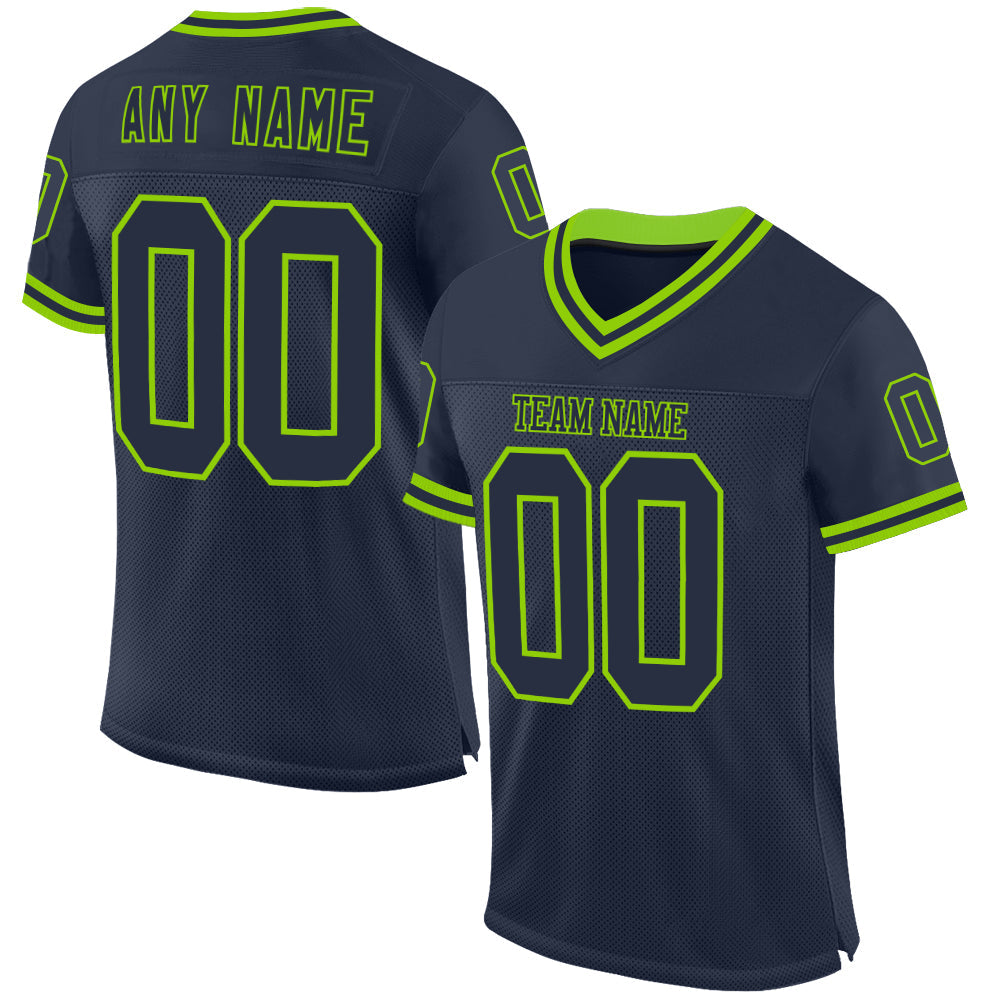 Custom Navy Neon Green Mesh Authentic Throwback Football Jersey - Sky-Custom