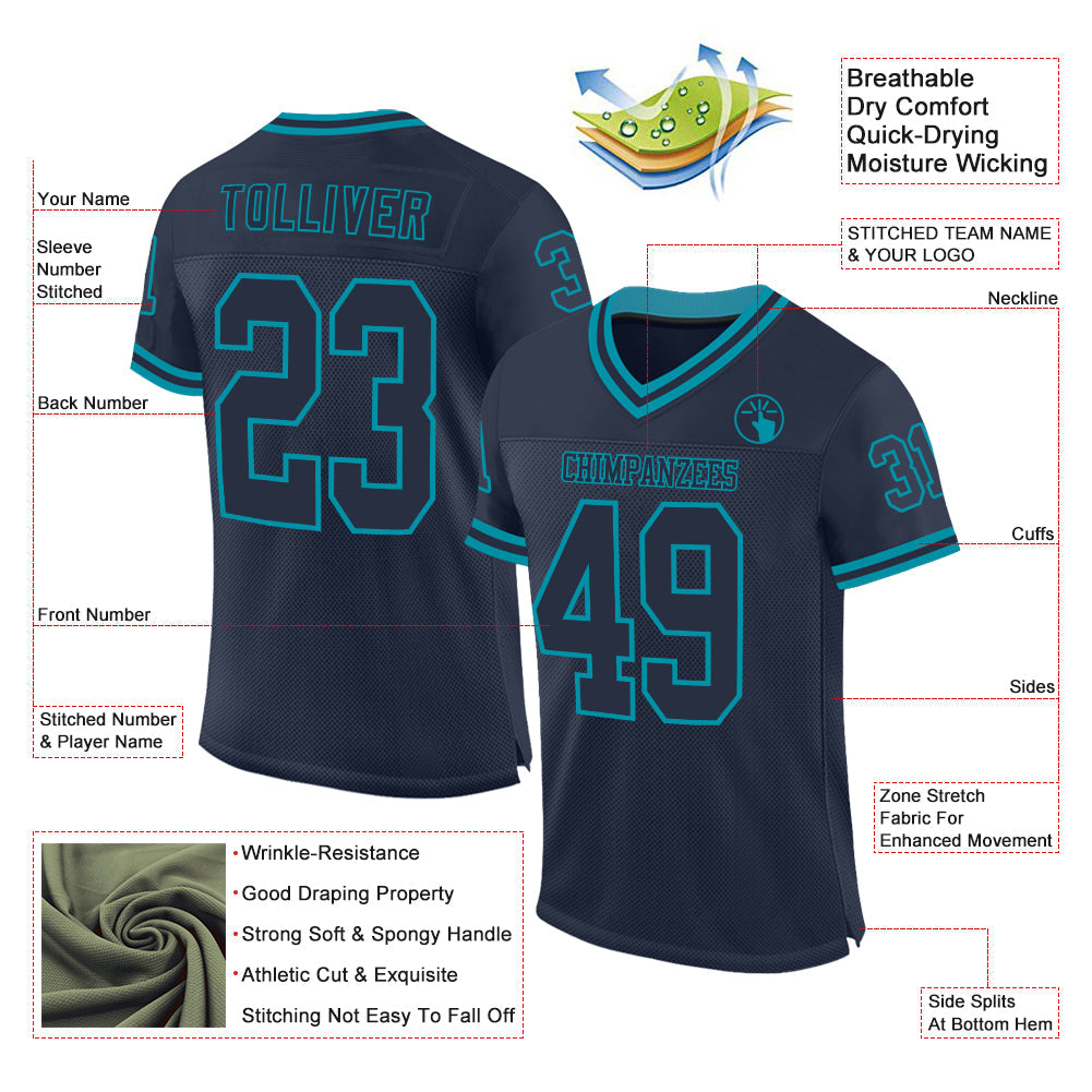 Custom Navy Teal Mesh Authentic Throwback Football Jersey - Sky-Custom