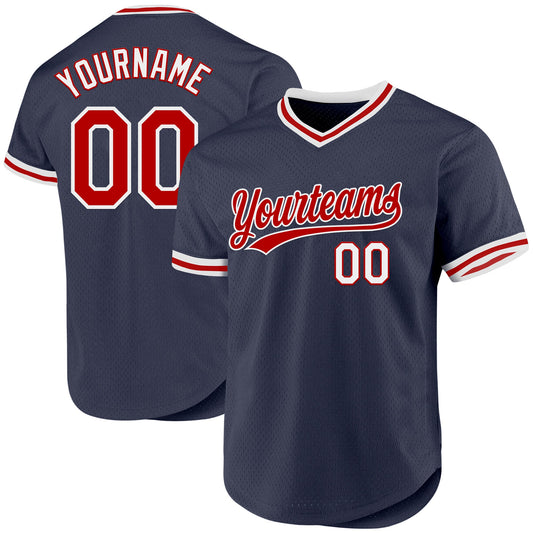 Custom Navy Red-White Authentic Throwback Baseball Jersey - Sky-Custom