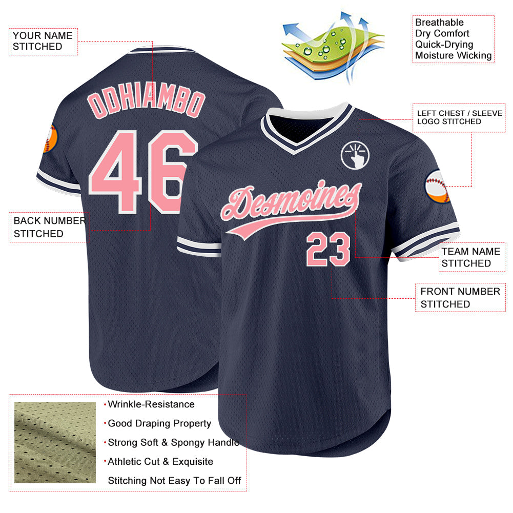 Custom Navy Medium Pink-White Authentic Throwback Baseball Jersey - Sky-Custom