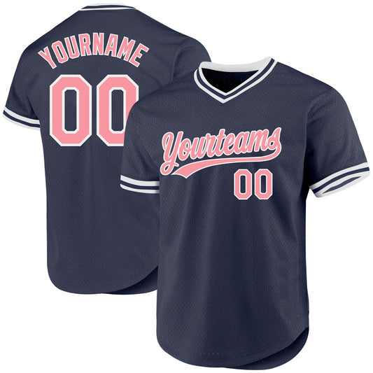 Custom Navy Medium Pink-White Authentic Throwback Baseball Jersey - Sky-Custom
