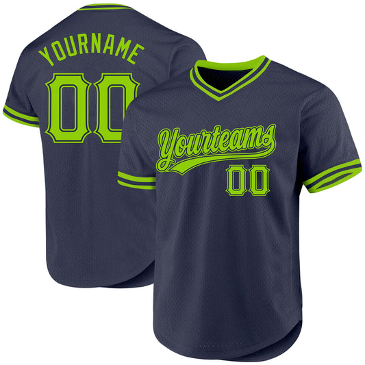 Custom Navy Neon Green Authentic Throwback Baseball Jersey - Sky-Custom