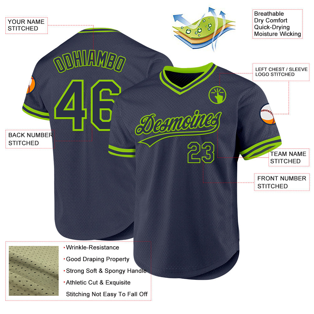 Custom Navy Neon Green Authentic Throwback Baseball Jersey - Sky-Custom