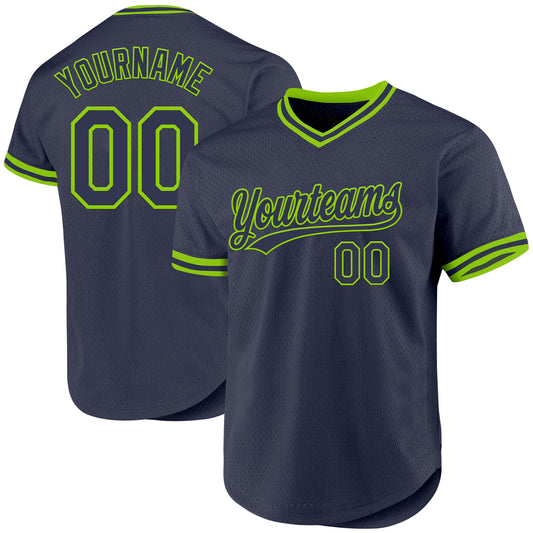 Custom Navy Neon Green Authentic Throwback Baseball Jersey - Sky-Custom