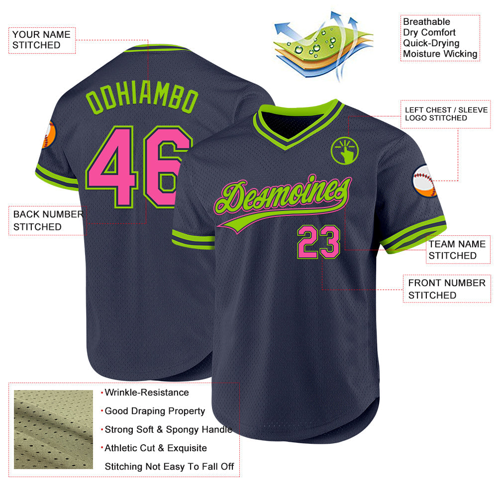 Custom Navy Pink-Neon Green Authentic Throwback Baseball Jersey - Sky-Custom