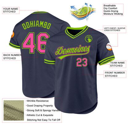 Custom Navy Pink-Neon Green Authentic Throwback Baseball Jersey - Sky-Custom