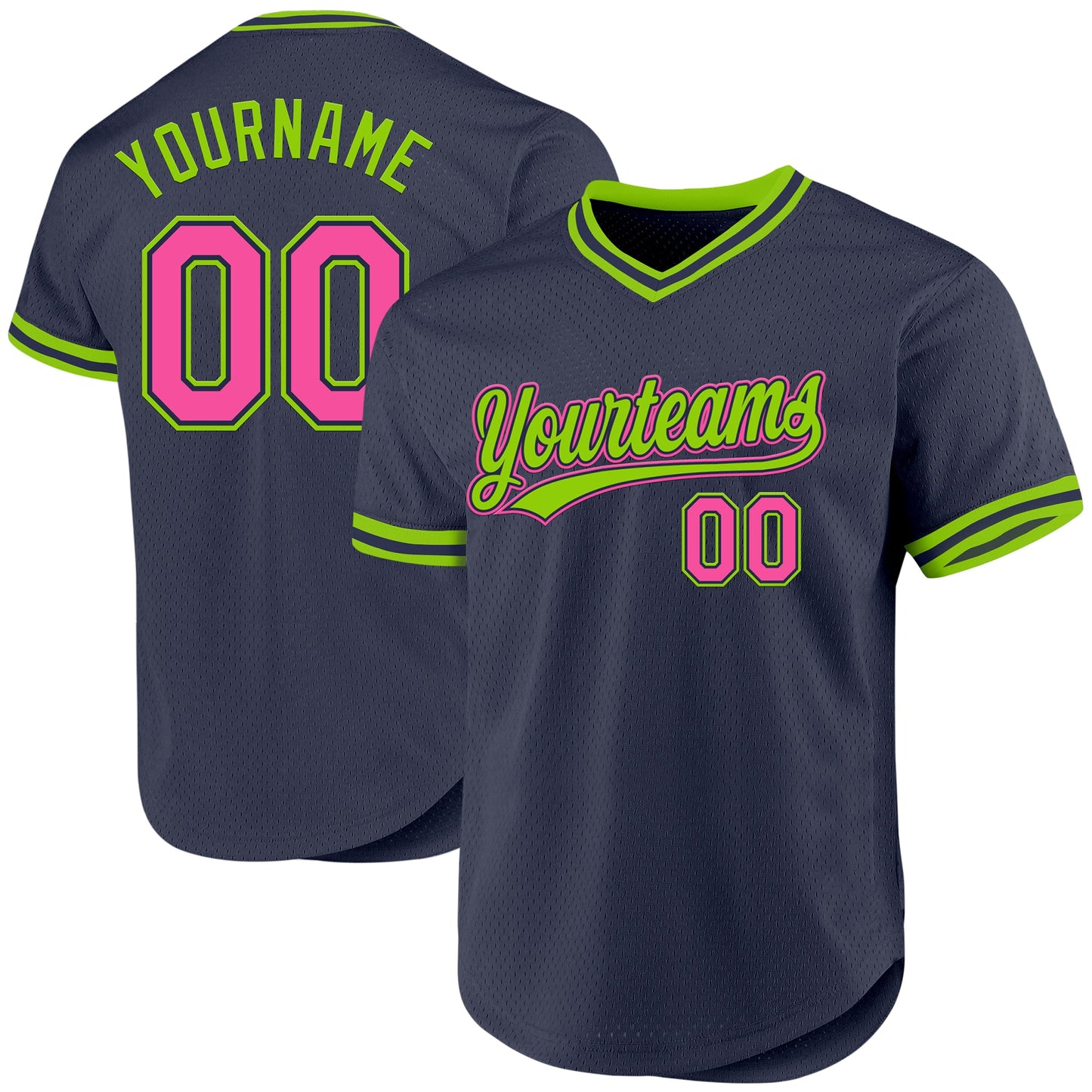 Custom Navy Pink-Neon Green Authentic Throwback Baseball Jersey - Sky-Custom