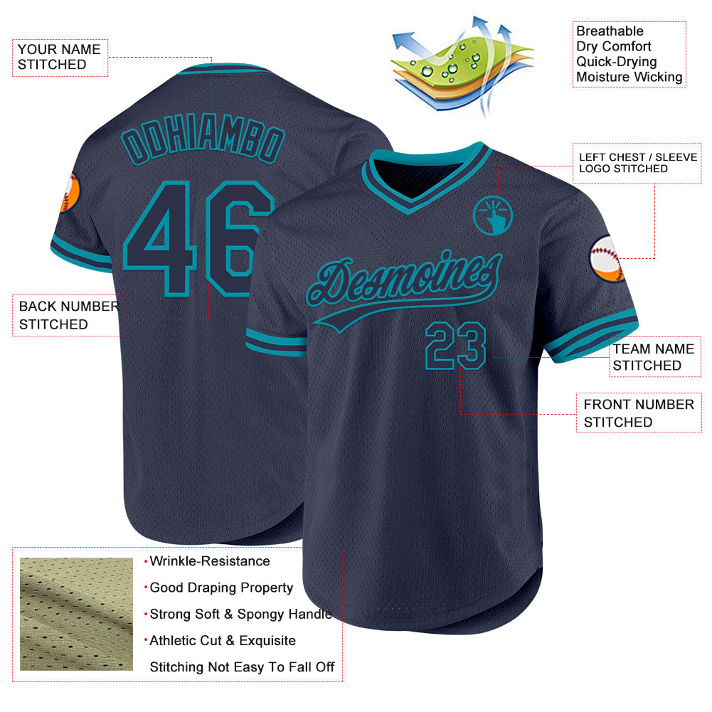 Custom Navy Teal Authentic Throwback Baseball Jersey - Sky-Custom