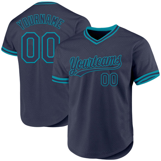 Custom Navy Teal Authentic Throwback Baseball Jersey - Sky-Custom