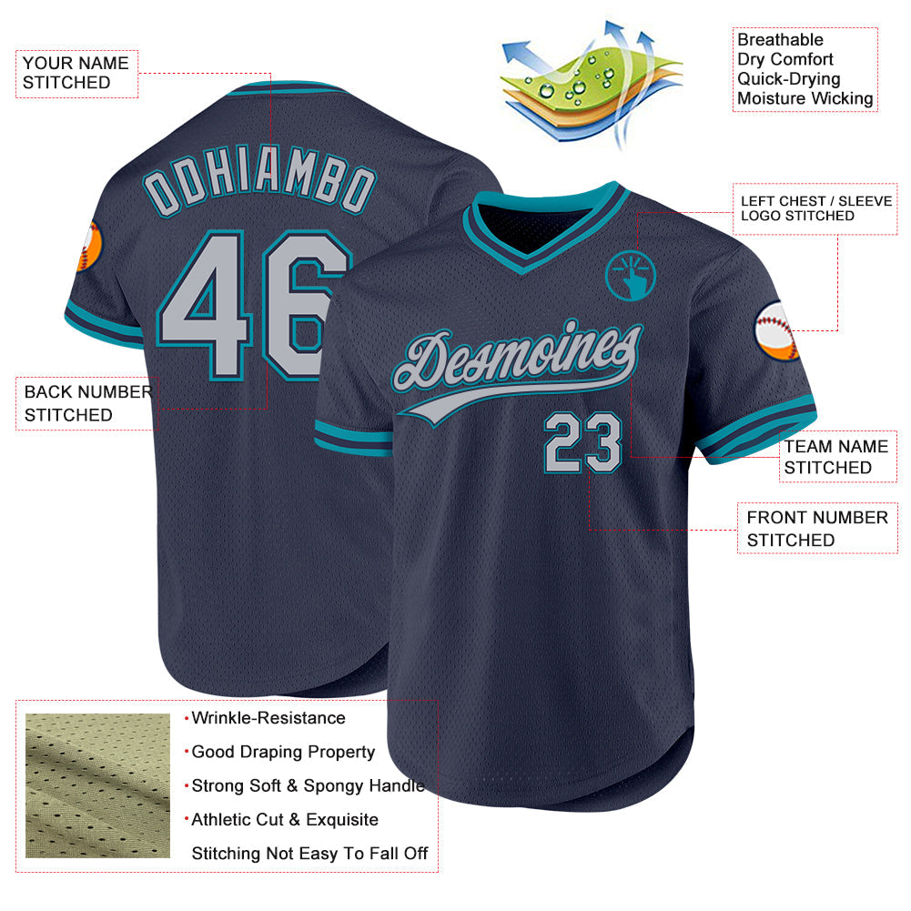 Custom Navy Gray-Teal Authentic Throwback Baseball Jersey - Sky-Custom