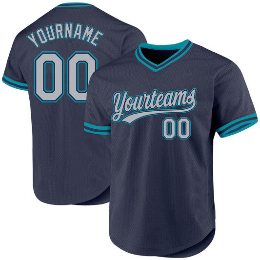 Custom Navy Gray-Teal Authentic Throwback Baseball Jersey - Sky-Custom