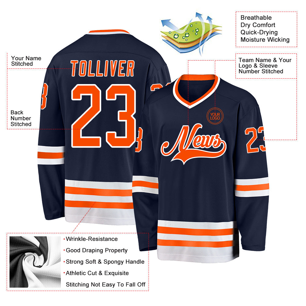 Custom Navy Orange-White Hockey Jersey - Sky-Custom