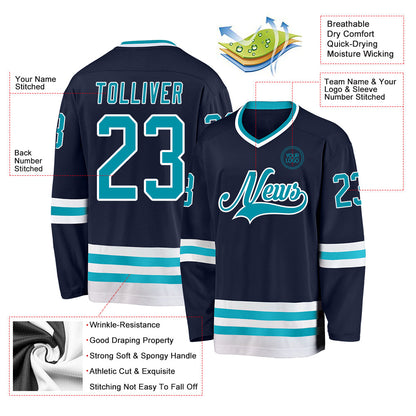 Custom Navy Teal-White Hockey Jersey - Sky-Custom