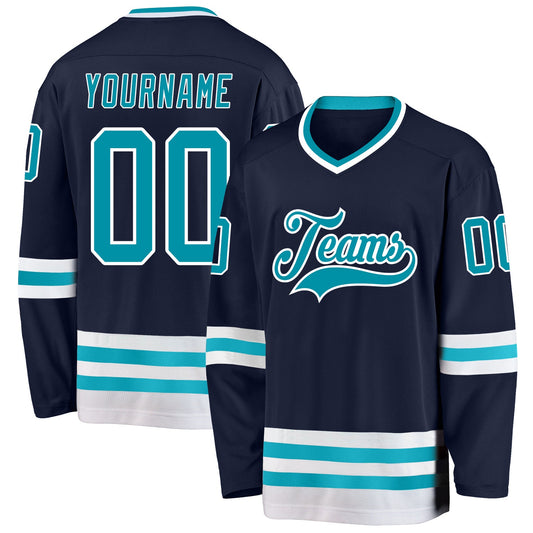Custom Navy Teal-White Hockey Jersey - Sky-Custom