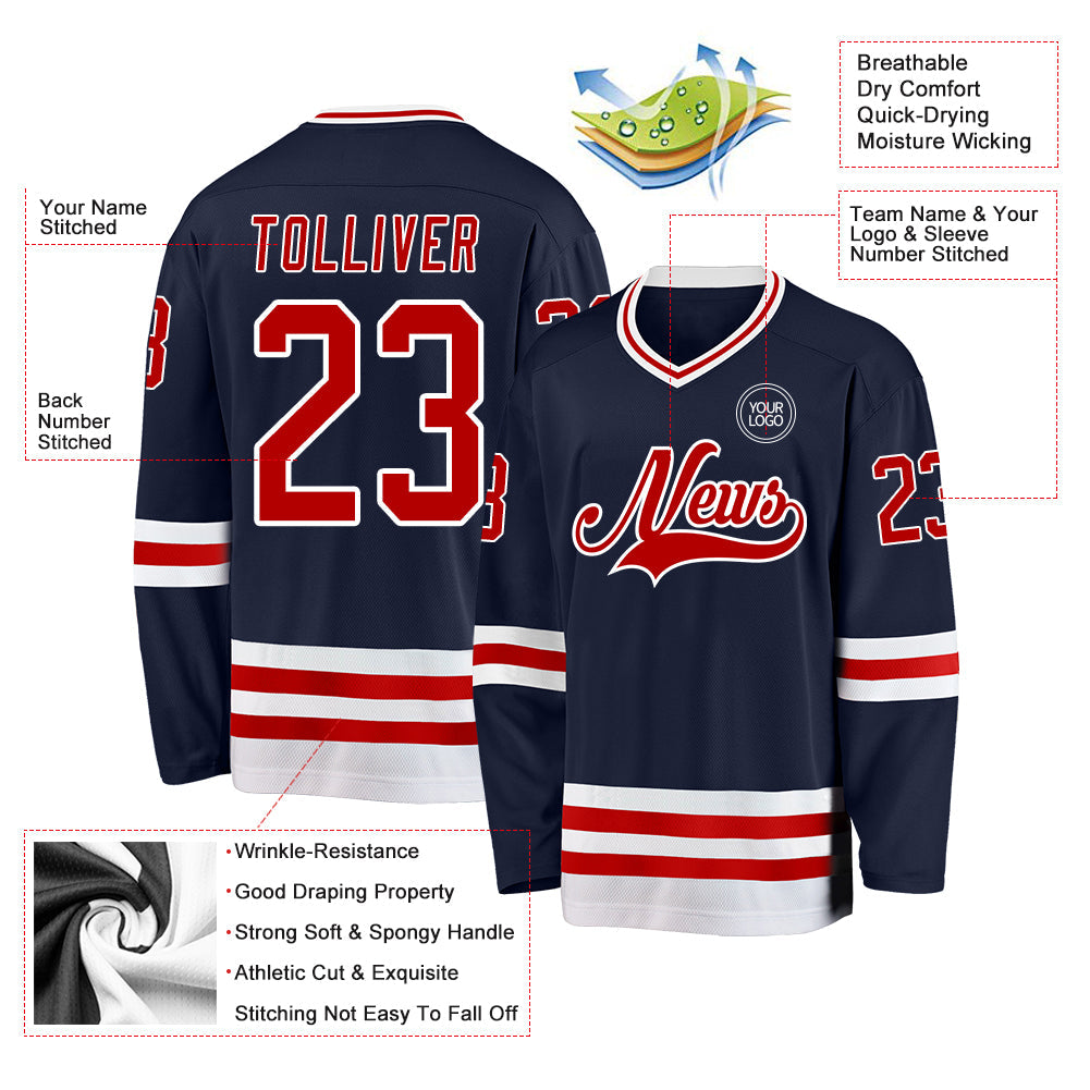 Custom Navy Red-White Hockey Jersey - Sky-Custom