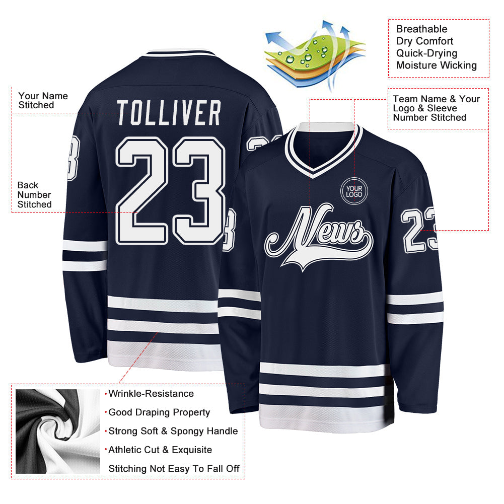 Custom Navy White Hockey Jersey - Sky-Custom