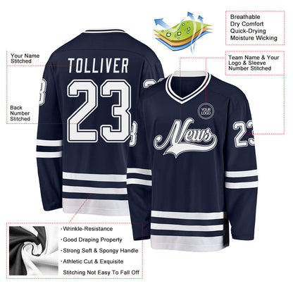 Custom Navy White Hockey Jersey - Sky-Custom