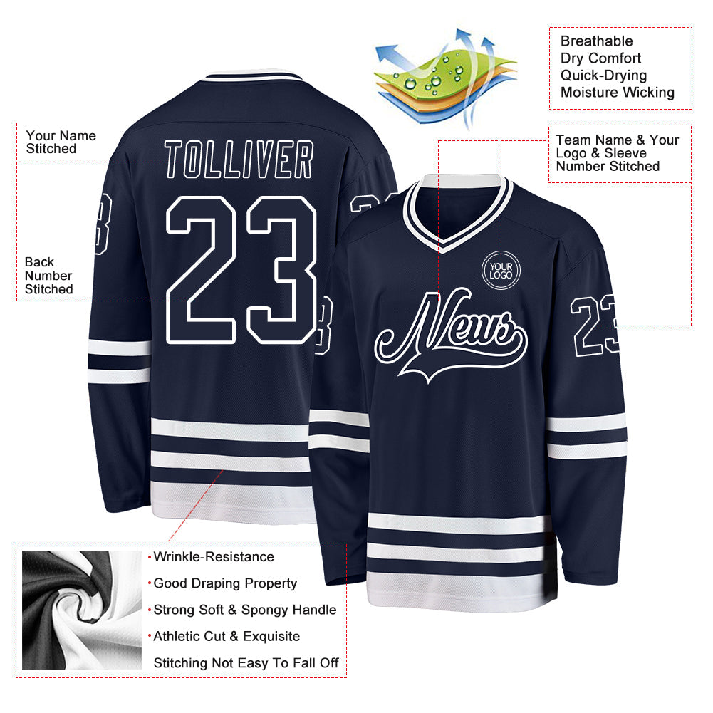 Custom Navy White Hockey Jersey - Sky-Custom