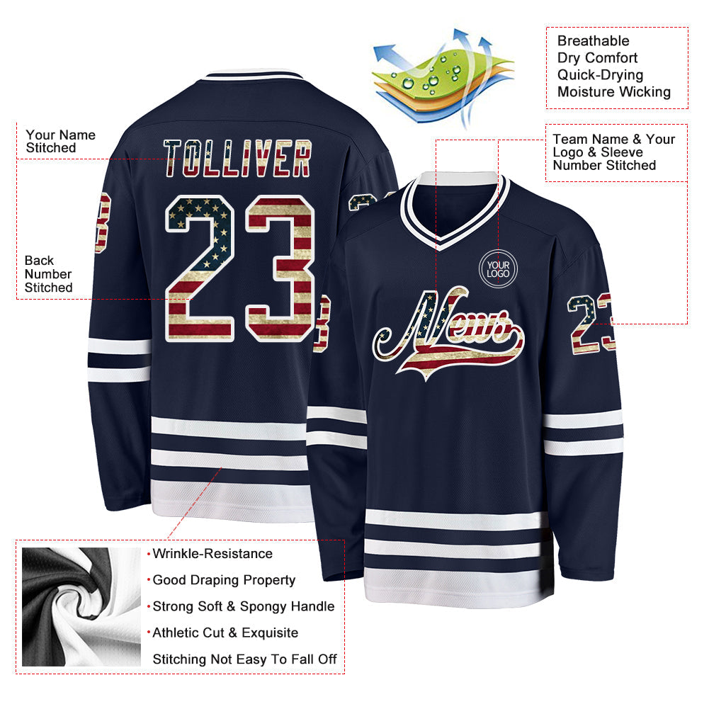 Custom Navy Vintage USA Flag-White Hockey Jersey - Sky-Custom
