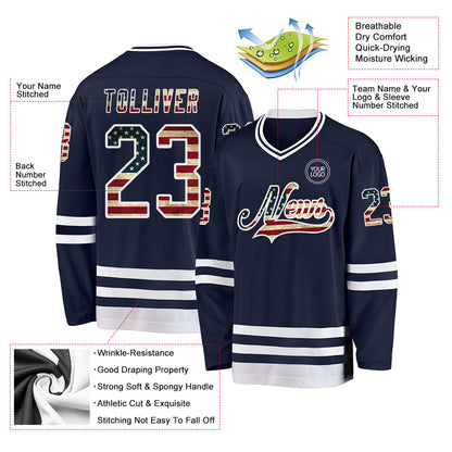 Custom Navy Vintage USA Flag-White Hockey Jersey - Sky-Custom