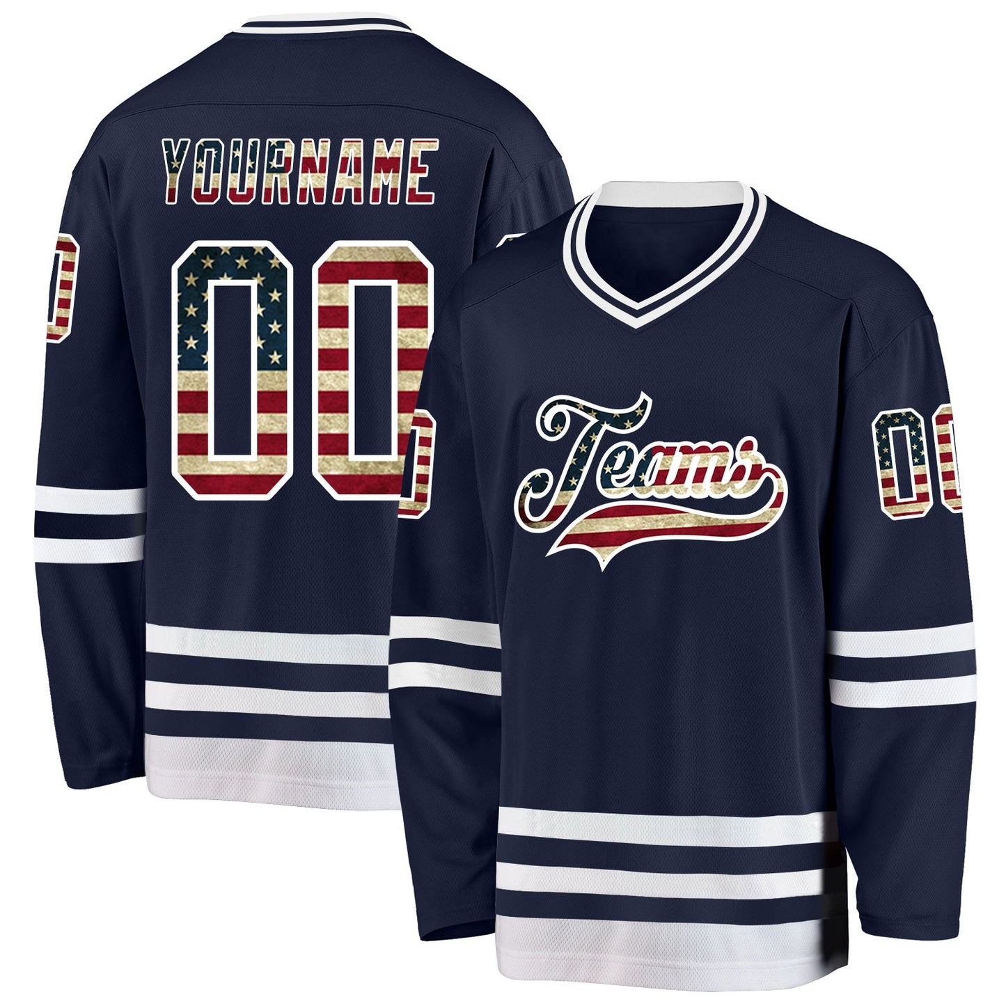 Custom Navy Vintage USA Flag-White Hockey Jersey - Sky-Custom