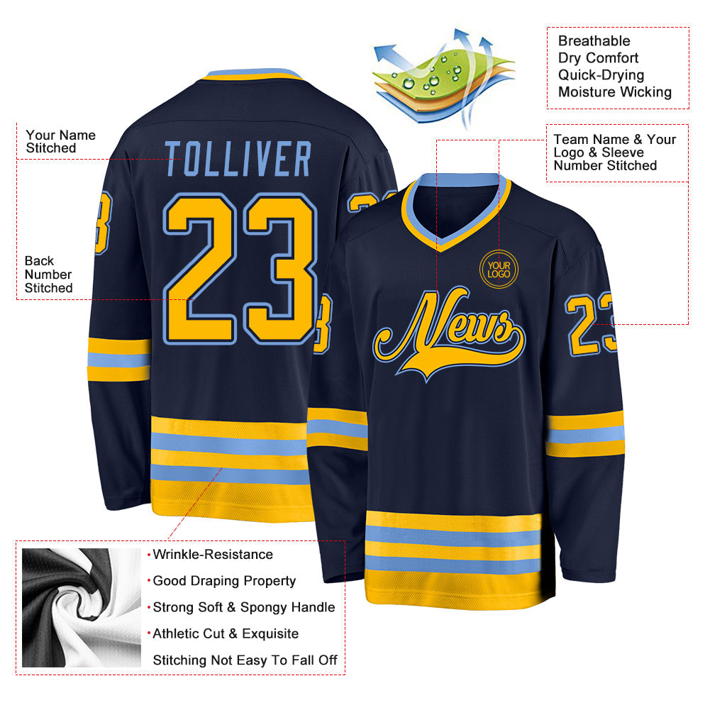 Custom Navy Gold-Light Blue Hockey Jersey - Sky-Custom