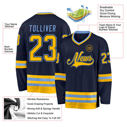 Custom Navy Gold-Light Blue Hockey Jersey - Sky-Custom