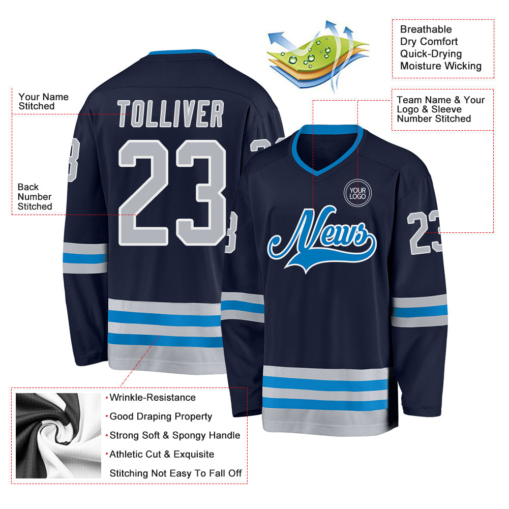 Custom Navy Gray-Blue Hockey Jersey - Sky-Custom