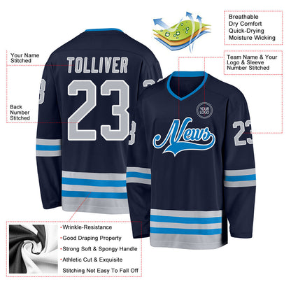 Custom Navy Gray-Blue Hockey Jersey - Sky-Custom