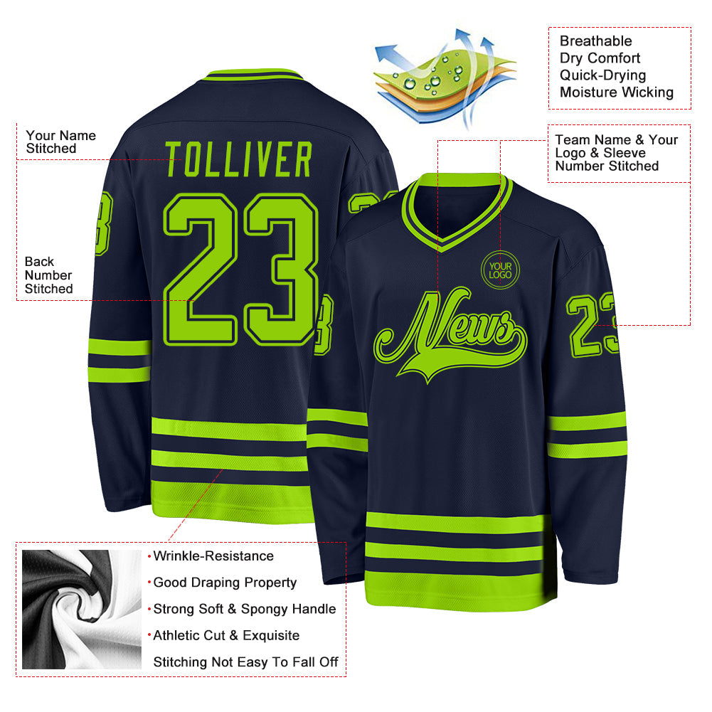 Custom Navy Neon Green Hockey Jersey - Sky-Custom