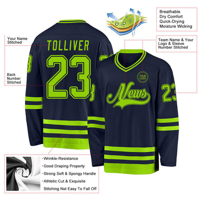 Custom Navy Neon Green Hockey Jersey - Sky-Custom