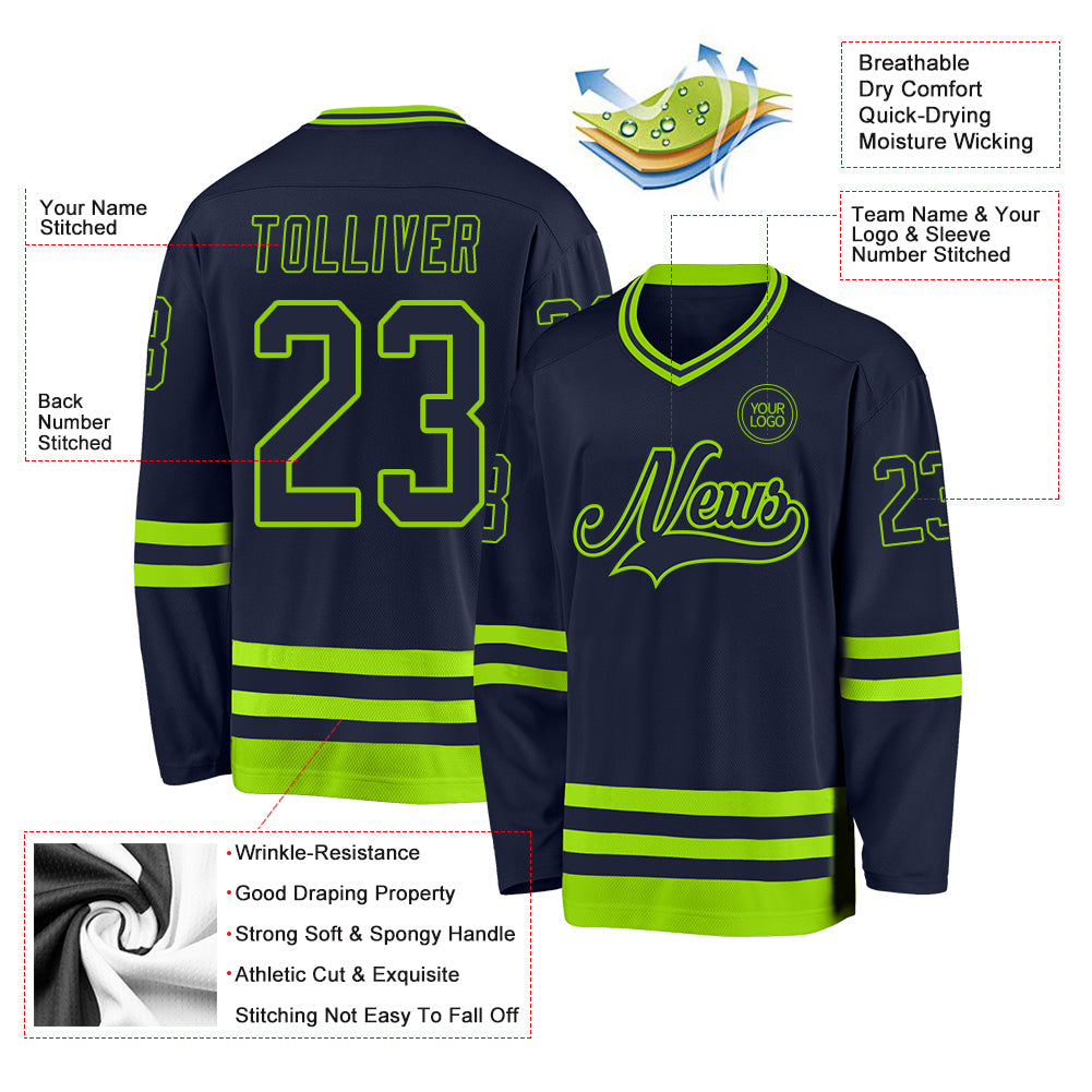 Custom Navy Neon Green Hockey Jersey - Sky-Custom