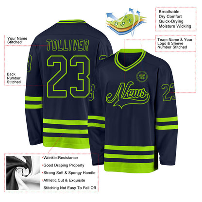 Custom Navy Neon Green Hockey Jersey - Sky-Custom