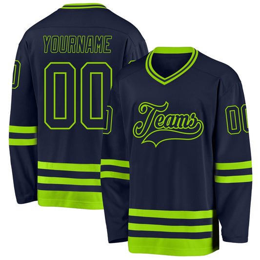 Custom Navy Neon Green Hockey Jersey - Sky-Custom