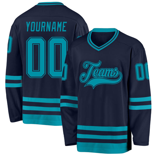 Custom Navy Teal Hockey Jersey - Sky-Custom