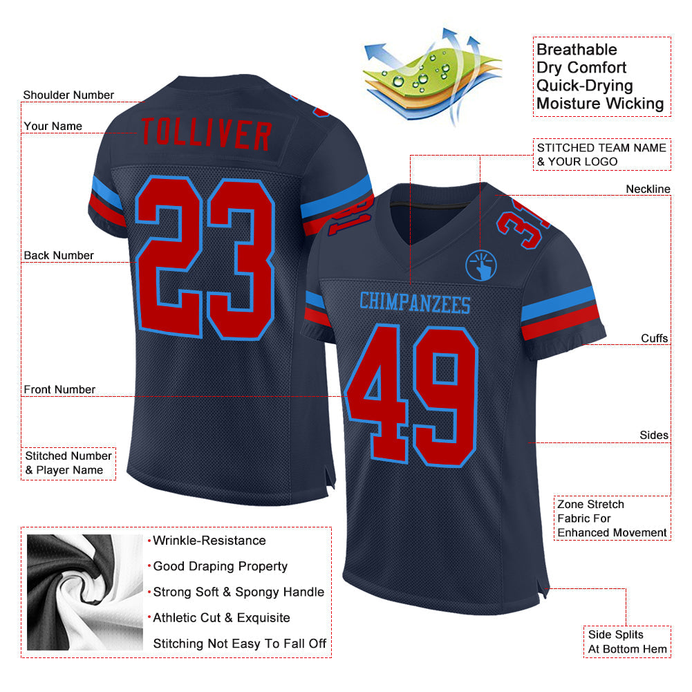 Custom Navy Red-Powder Blue Mesh Authentic Football Jersey - Sky-Custom