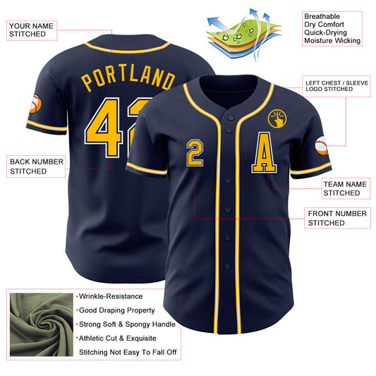 Custom Navy Gold-White Authentic Baseball Jersey - Sky-Custom