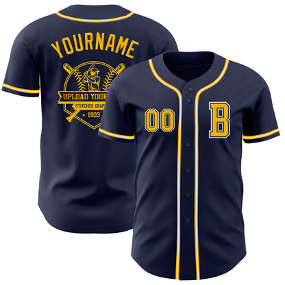 Custom Navy Gold-White Authentic Baseball Jersey - Sky-Custom