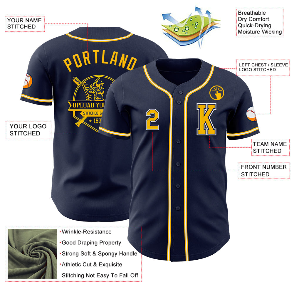Custom Navy Gold-White Authentic Baseball Jersey - Sky-Custom