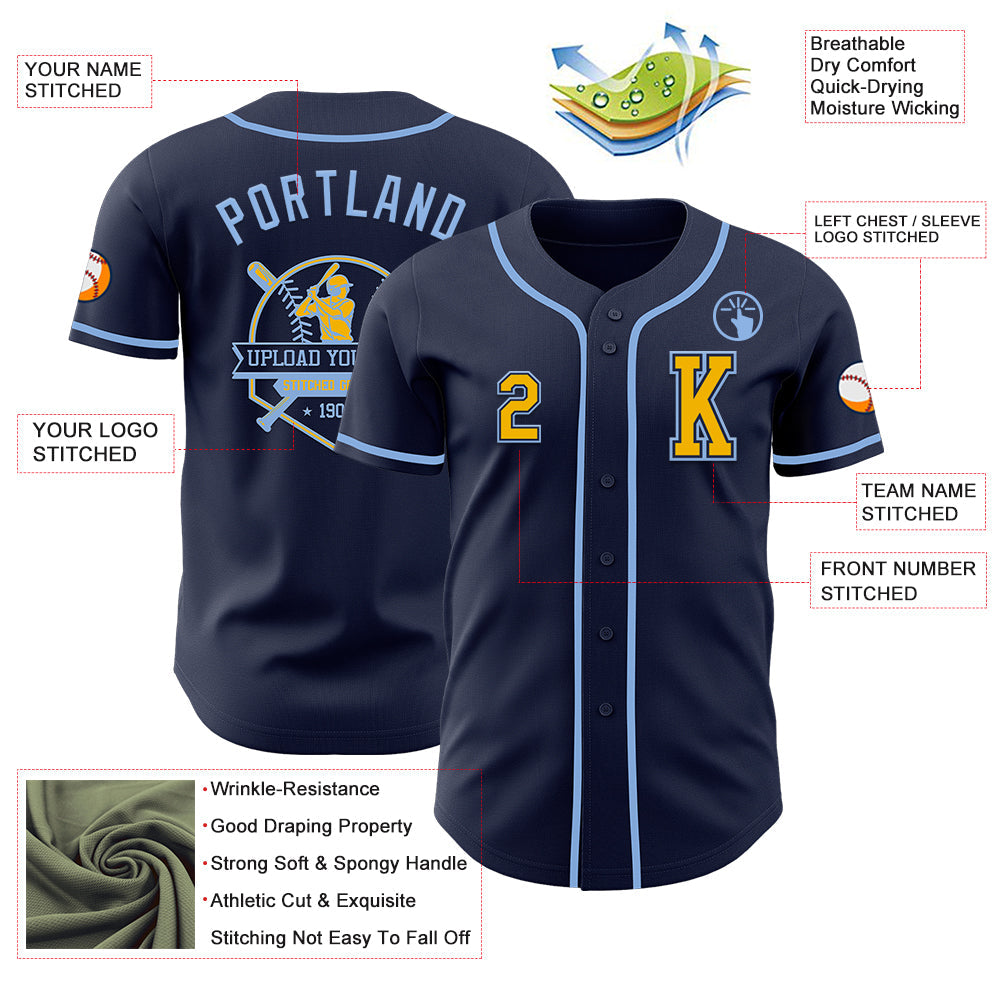 Custom Navy Gold-Light Blue Authentic Baseball Jersey - Sky-Custom