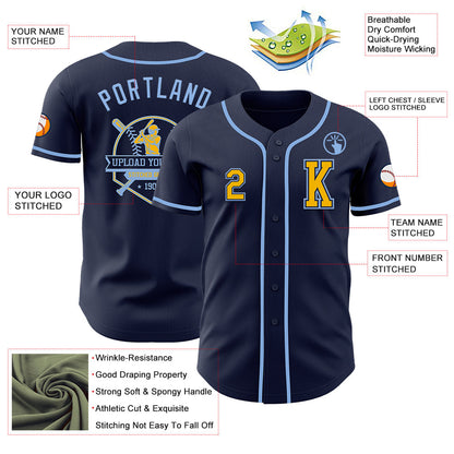 Custom Navy Gold-Light Blue Authentic Baseball Jersey - Sky-Custom