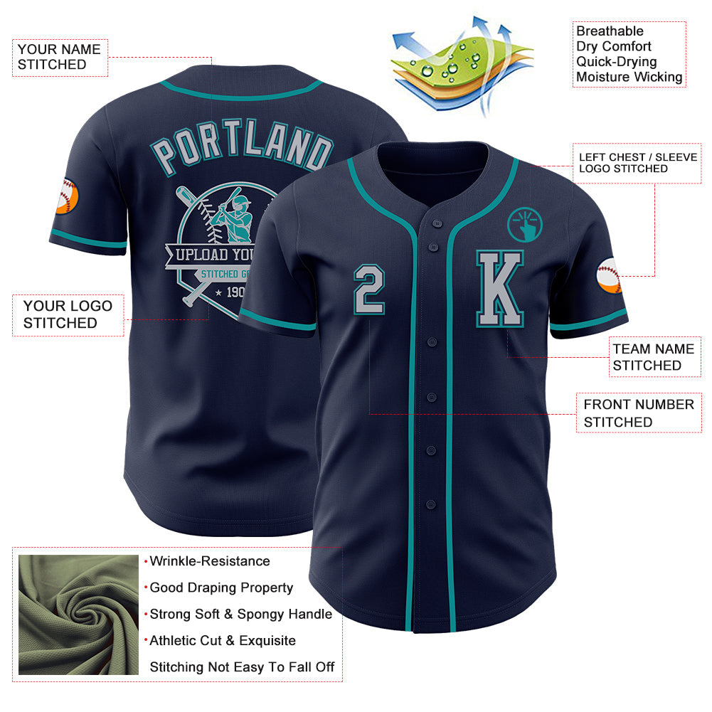 Custom Navy Gray-Teal Authentic Baseball Jersey - Sky-Custom