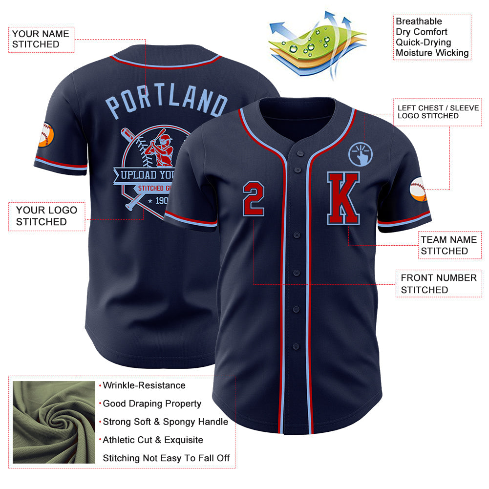 Custom Navy Red-Light Blue Authentic Baseball Jersey - Sky-Custom