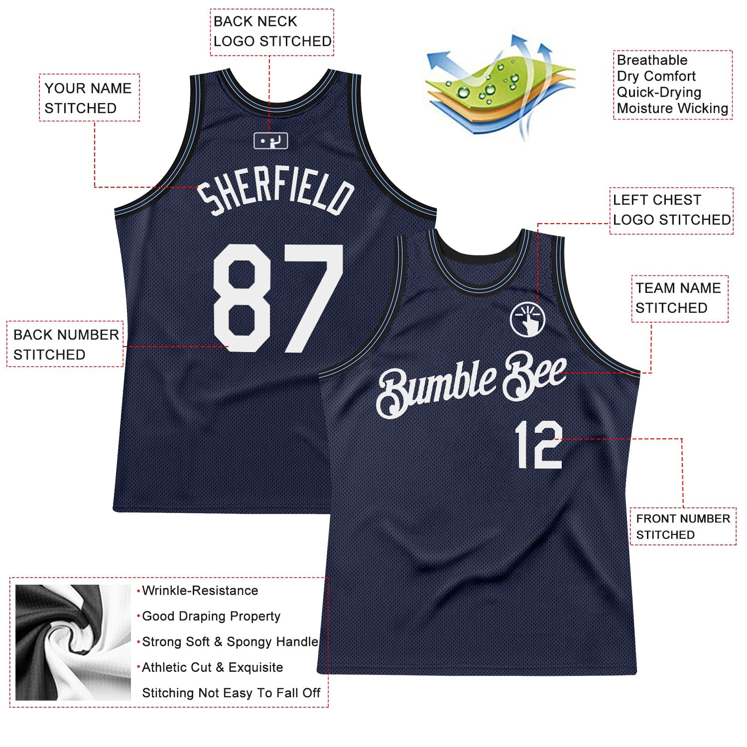 Custom Navy White Black-Light Blue Authentic Throwback Basketball Jersey - Sky-Custom