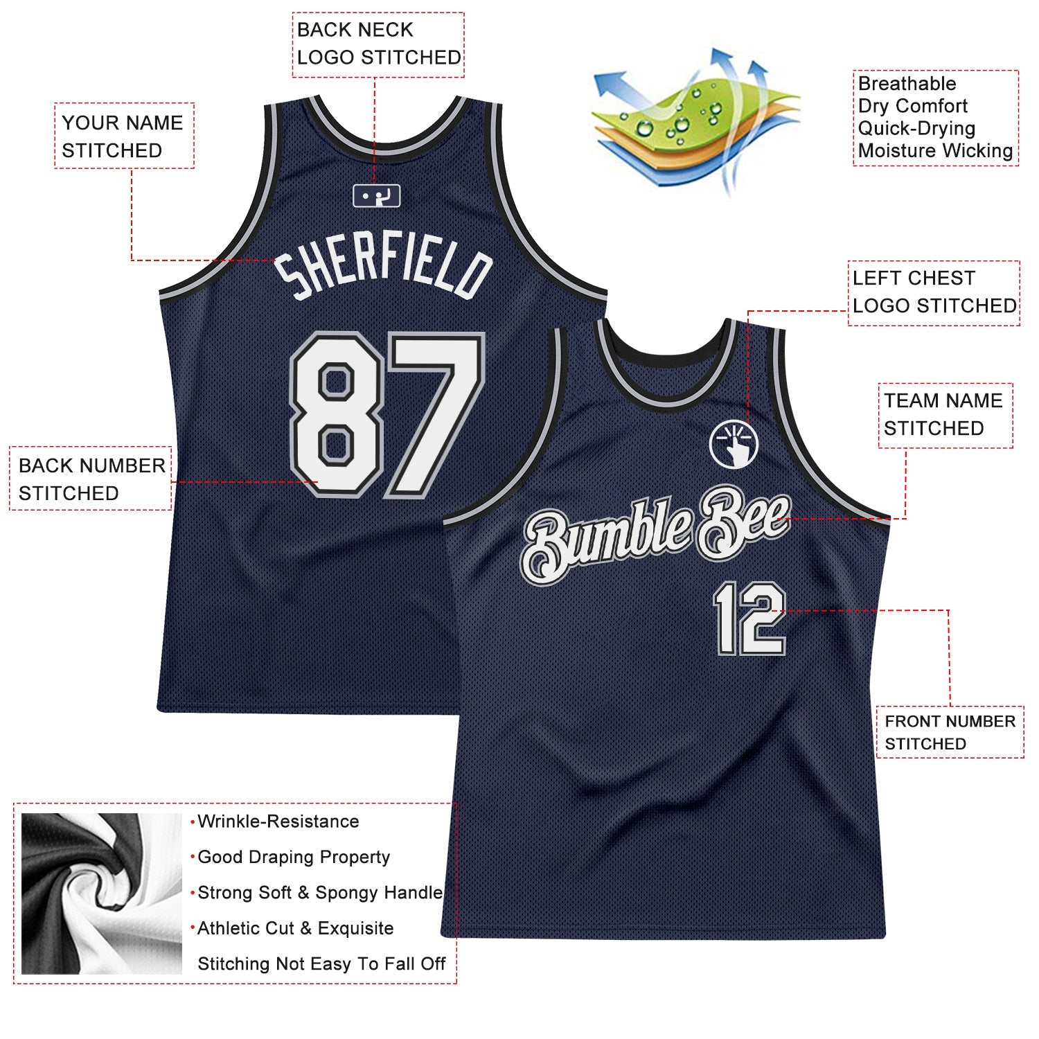 Custom Navy White Black-Gray Authentic Throwback Basketball Jersey - Sky-Custom