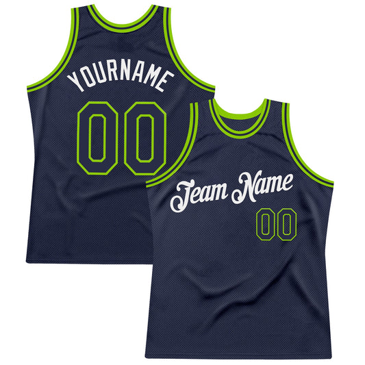 Custom Navy Neon Green-White Authentic Throwback Basketball Jersey - Sky-Custom
