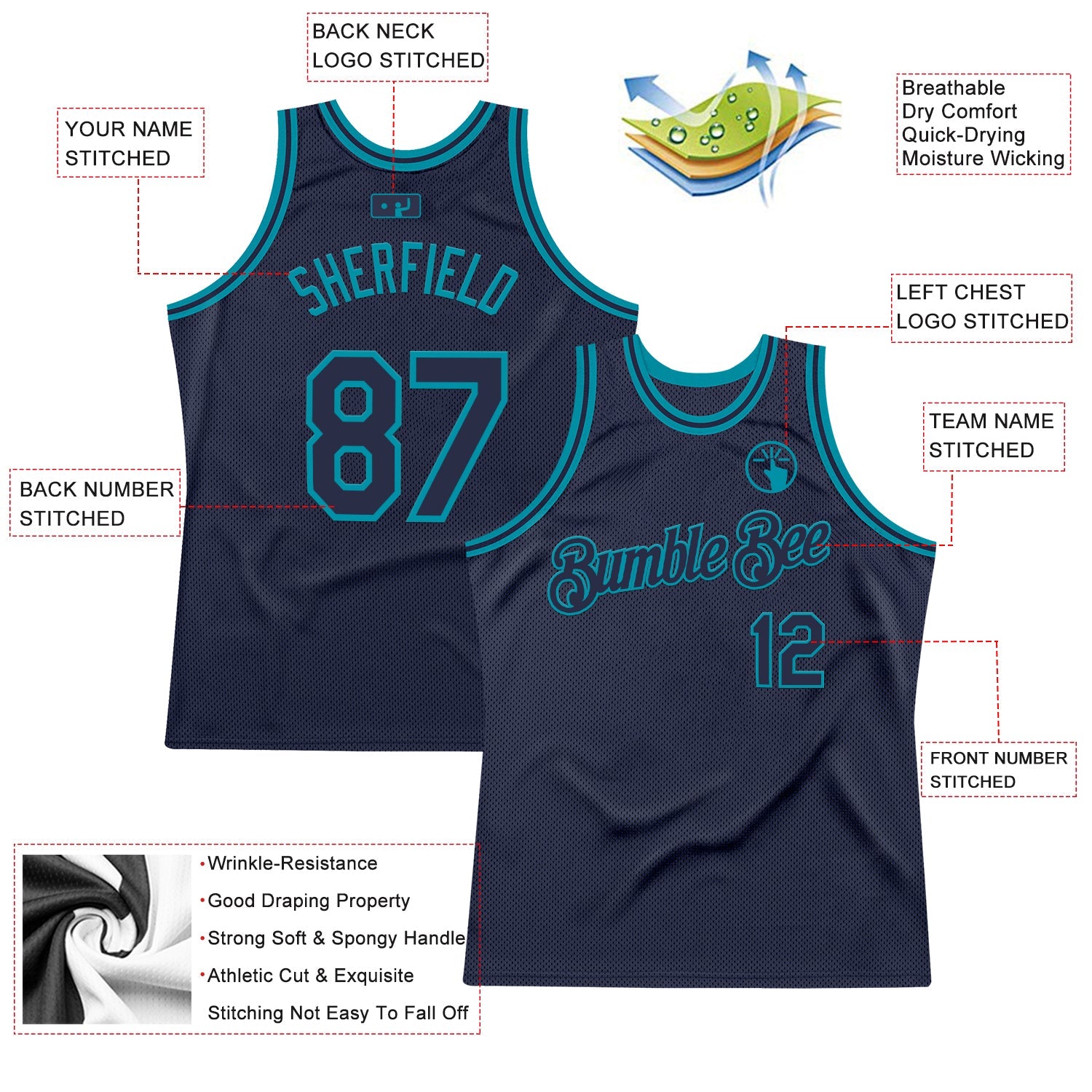 Custom Navy Teal Authentic Throwback Basketball Jersey - Sky-Custom